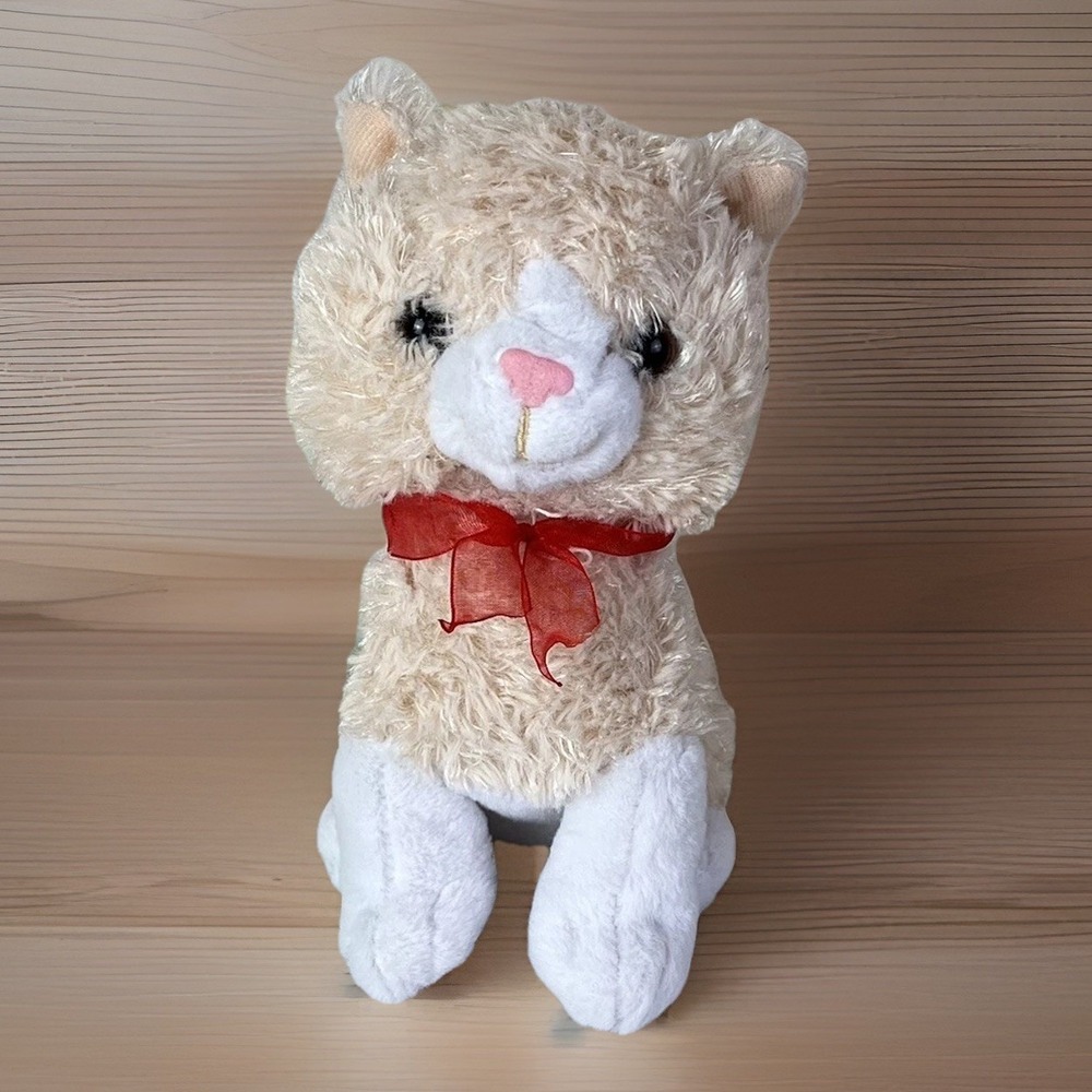 Cat Kitten Plush Stuffed Animal Toy Cream & White Ribbon Inter-American Products